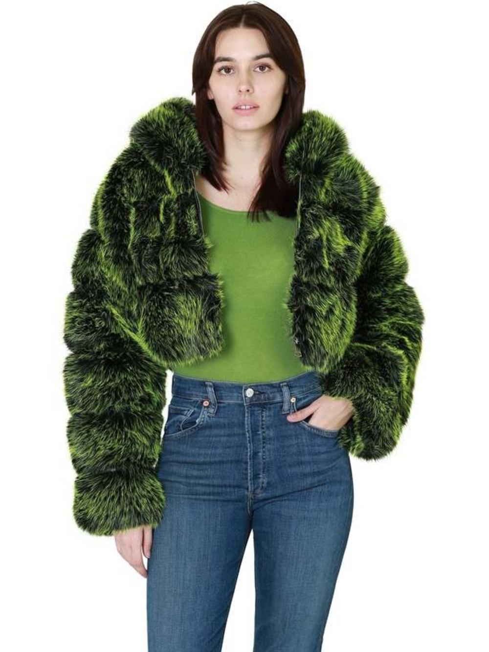 Azalea Wang nwt L Women's Vibrant Green Faux Fur Hooded Teddy Jacket coat thick - Picture 8 of 16